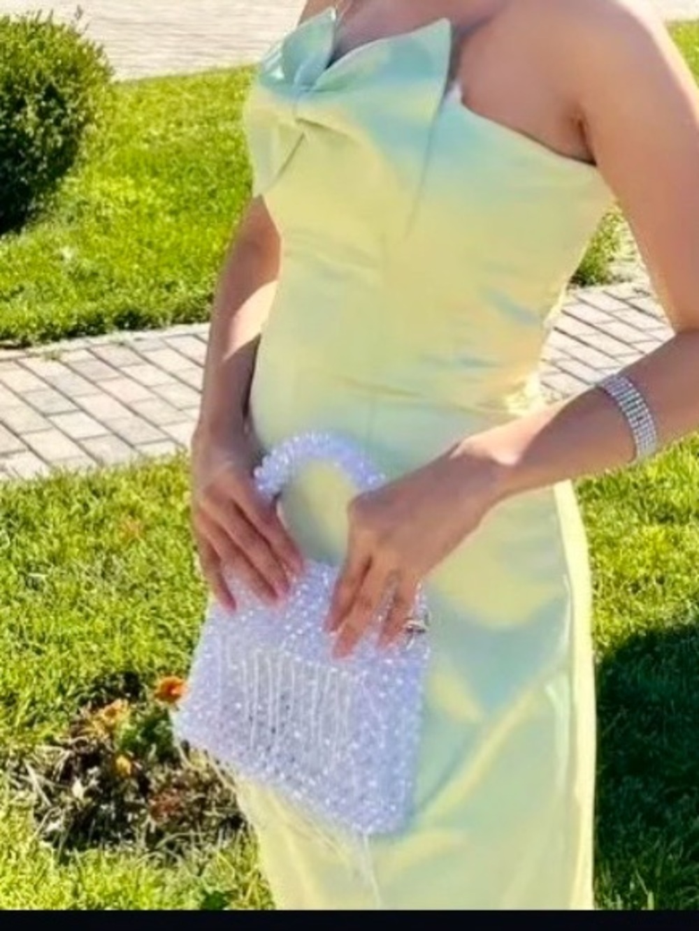 Strapless Bow-Detail Lime Green Evening Dress